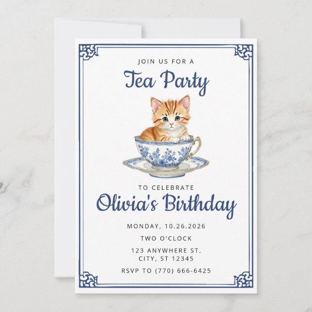 Chinoserie Kitten Watercolor Tea Party Birthday Invitation (Front)