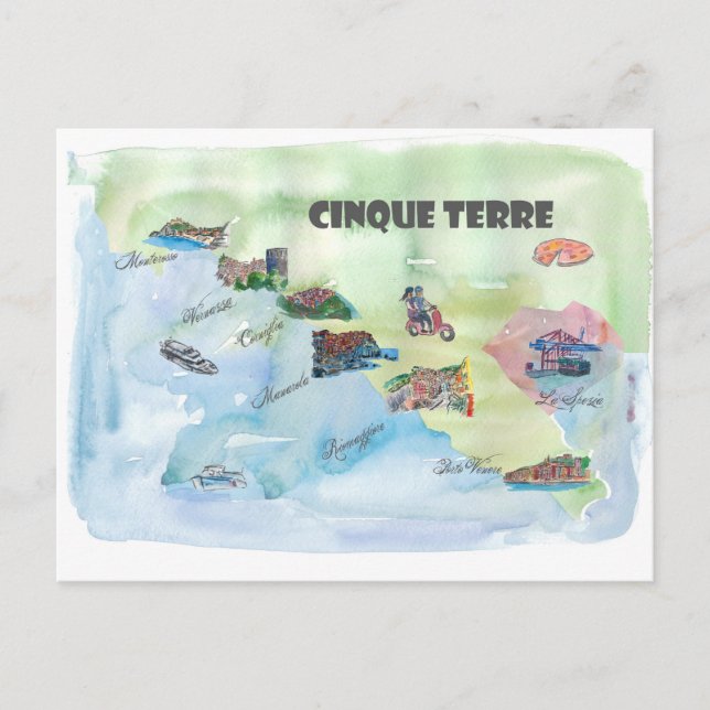 Chinque Terre Italy Vintage Travel Poster Map Postcard (Front)