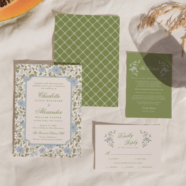 Chintz Floral Sage Blue Elegant Wedding Invitation (Creator Uploaded)