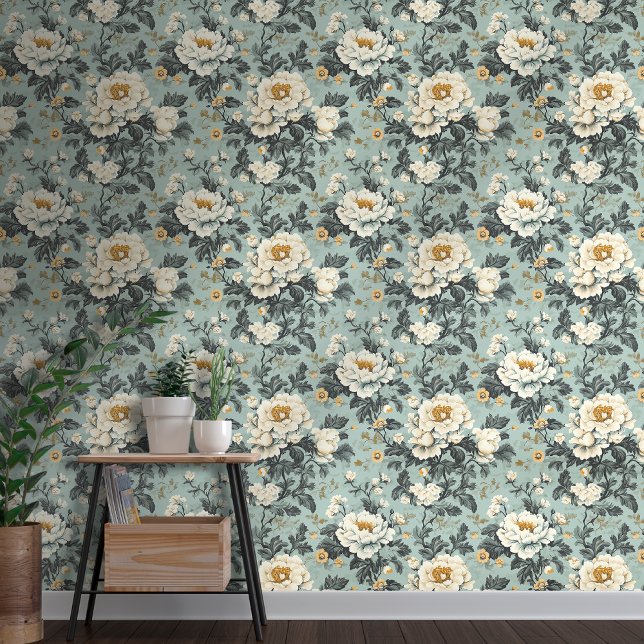 Chintz Style White Roses on Blue Floral Wallpaper (Creator Uploaded)