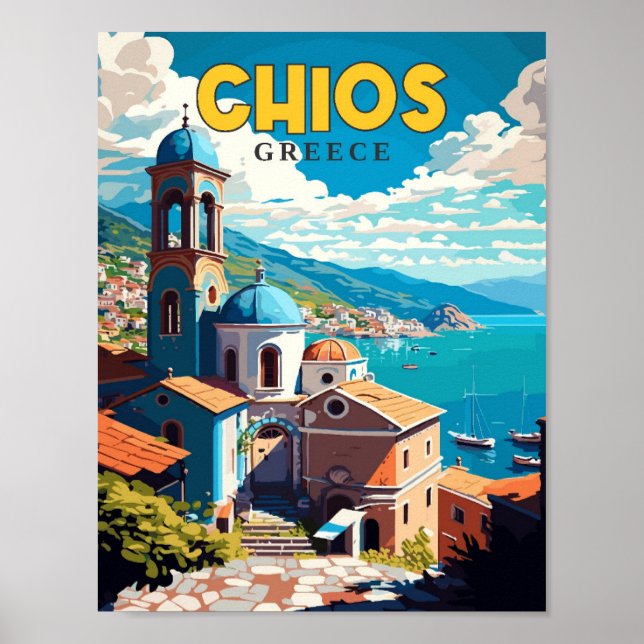 Chios Greece vintage travel illustration Poster (Front)