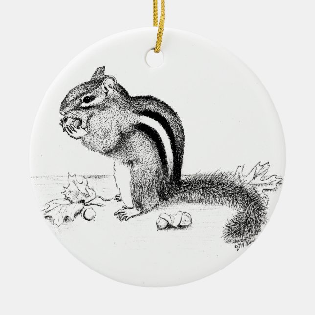 Chipmunk and Acorns Ceramic Tree Decoration (Front)