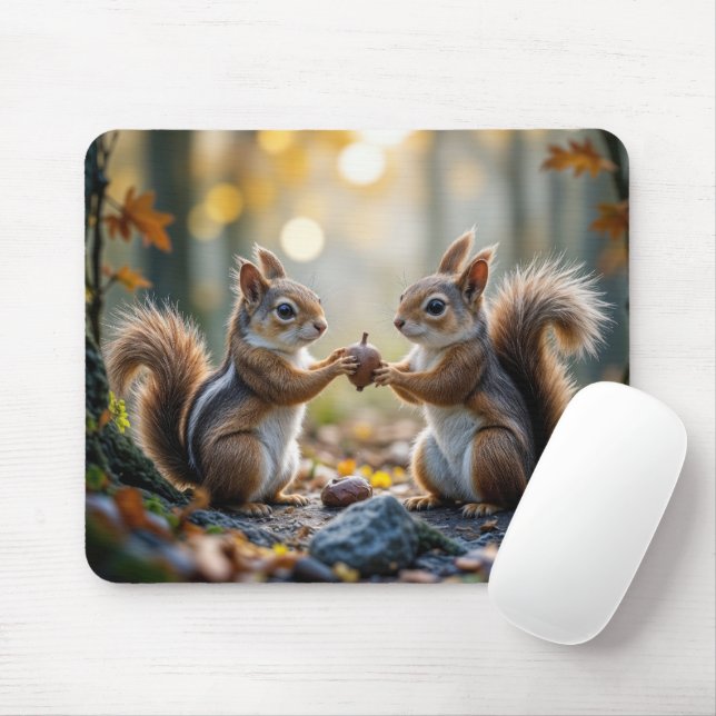 Chipmunk and Squirrel and Sharing an Acorn Mouse Mat (With Mouse)