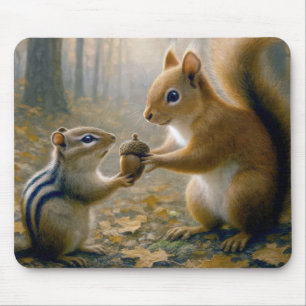Chipmunk and Squirrel Sharing an Acorn Mouse Mat