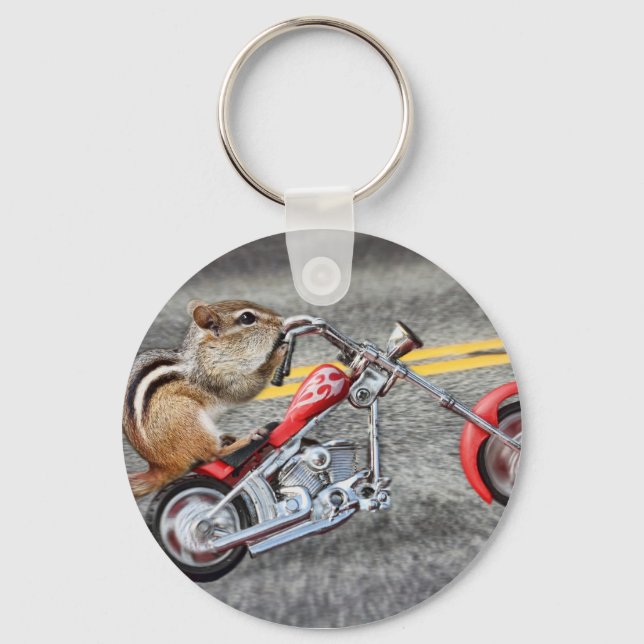 Chipmunk Biker Riding a Motorcycle Key Ring (Front)