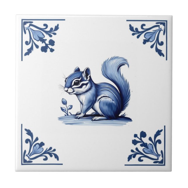 Chipmunk Delft Blue White Corners Woodland Animals Tile (Front)
