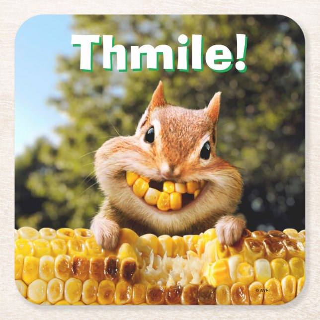 Chipmunk Eating Corn Square Paper Coaster (Front)
