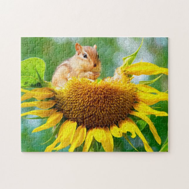 Chipmunk Eating Yellow Sunflower Photo/Painting Jigsaw Puzzle (Horizontal)