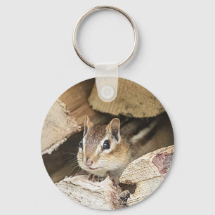 Chipmunk in a wood pile key ring