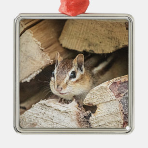 Chipmunk in a wood pile metal tree decoration