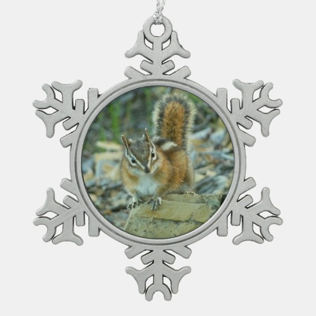 Chipmunk in Glacier National Park Snowflake Pewter Christmas Ornament (Front)