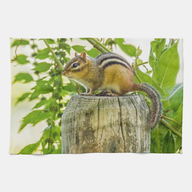 Chipmunk on a Fence Post Facing Left Tea Towel (Horizontal)