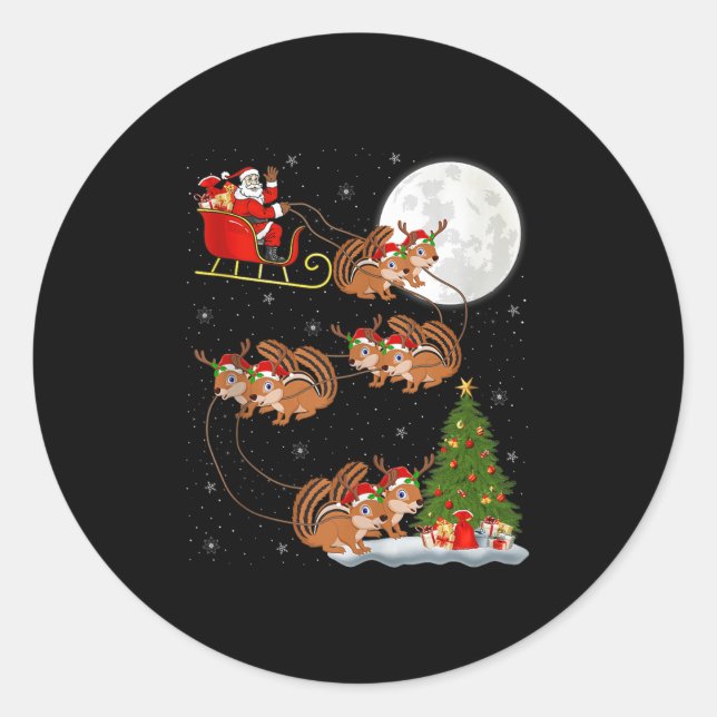 Chipmunk Santa Sleigh Flying Funny Magical Christm Classic Round Sticker (Front)