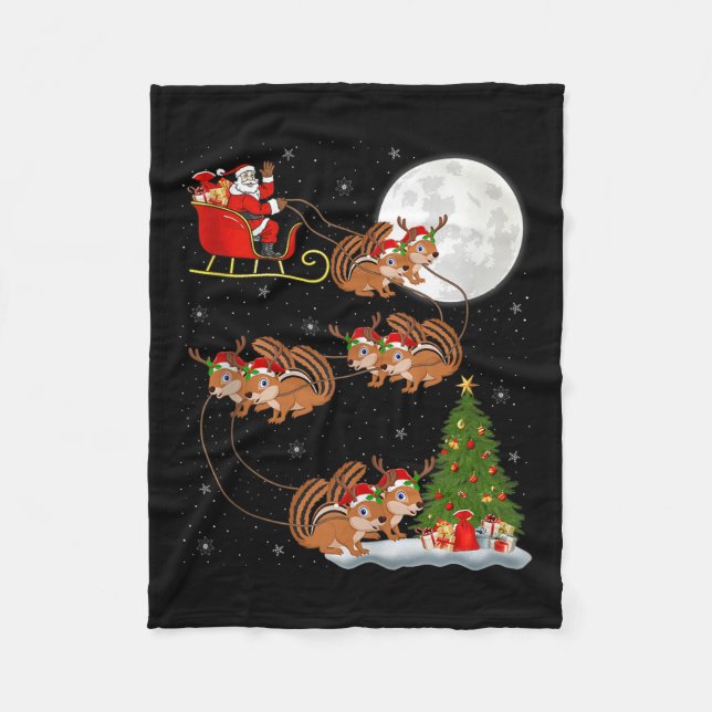 Chipmunk Santa Sleigh Flying Funny Magical Christm Fleece Blanket (Front)
