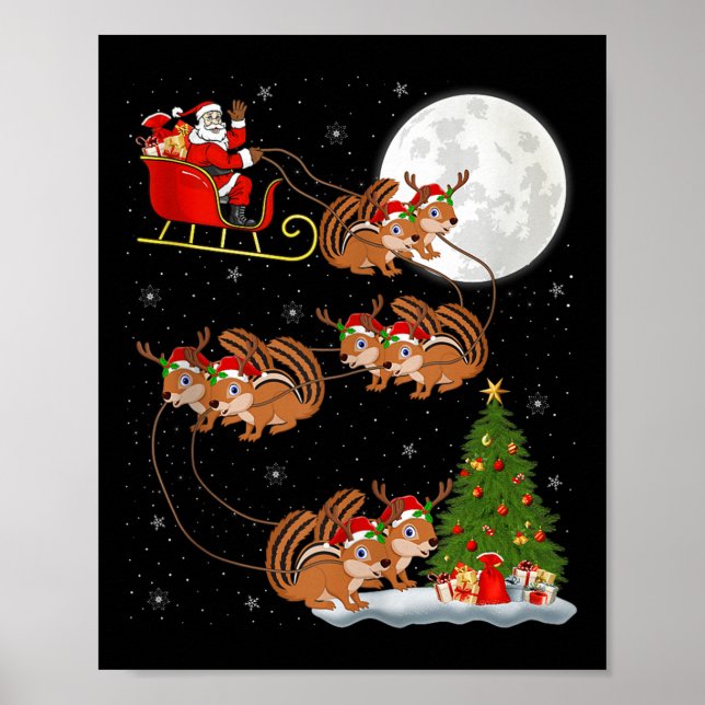 Chipmunk Santa Sleigh Flying Funny Magical Christm Poster (Front)