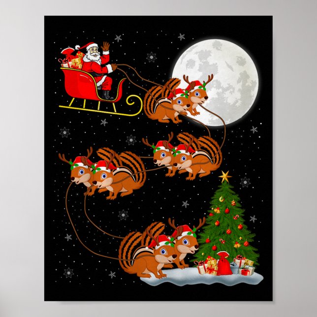 Chipmunk Santa Sleigh Flying Funny Magical Christm Poster (Front)