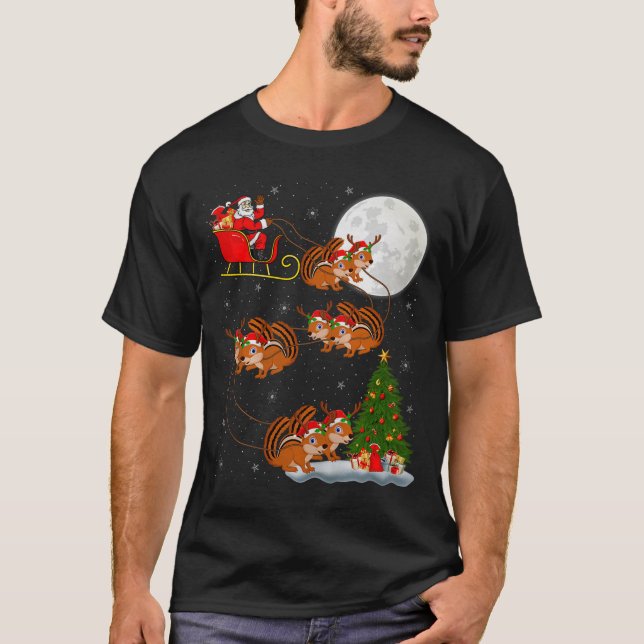 Chipmunk Santa Sleigh Flying Funny Magical Christm T-Shirt (Front)