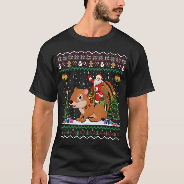 Chipmunk Ugly Xmas Gift Santa Riding Chipmunk T-Shirt (Front)