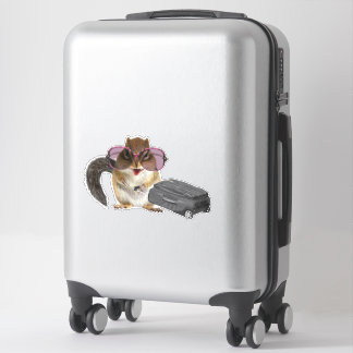 Chipmunk wearing sunglasses and holding baggage.