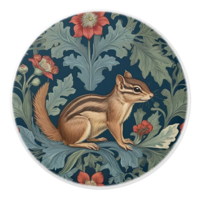 Chipmunk William Morris style Right Facing Leafy Ceramic Knob (Front)