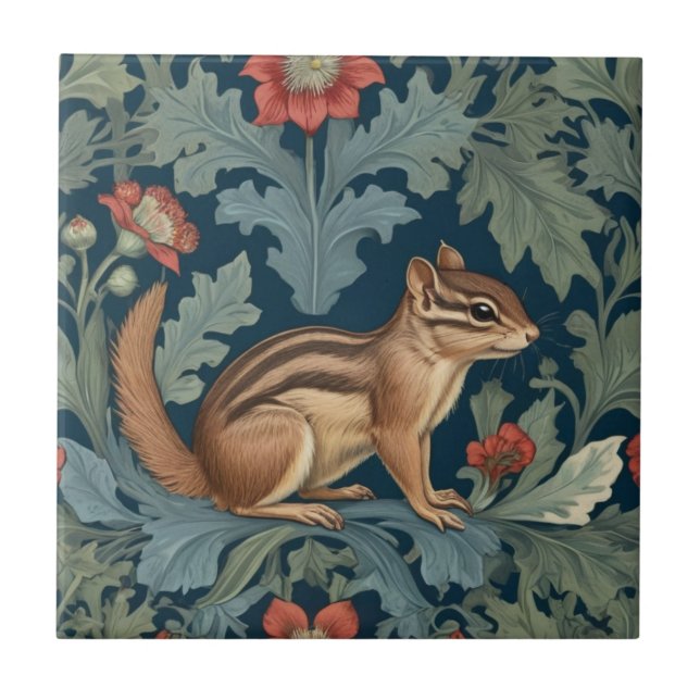 Chipmunk William Morris style Right Facing Leafy Tile (Front)