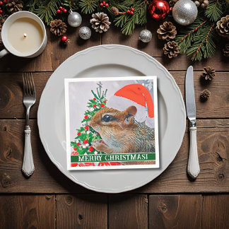 Chipmunk with Christmas Hat in Front of Tree Napkin