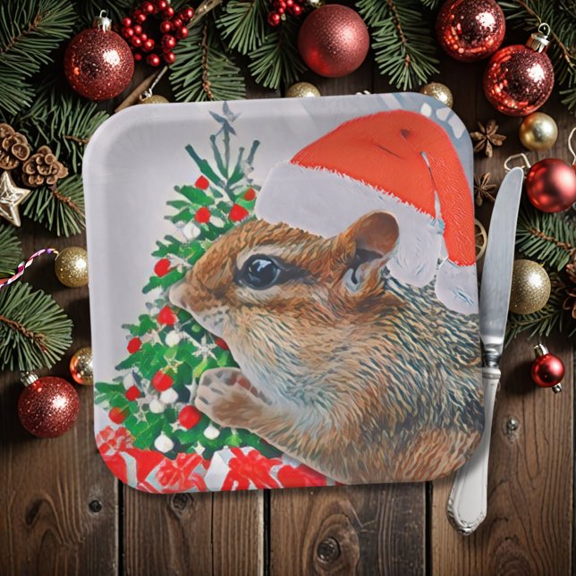 Chipmunk with Christmas Hat in Front of Tree Paper Plate (This cute chipmunk looks like he's requesting a bite of the treats on your Christmas plate! :) )