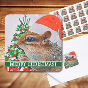 Chipmunk with Christmas Hat in Front of Tree Square Sticker