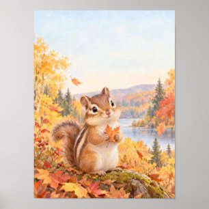Chipmunk with Maple Leaf in Autumn – Poster