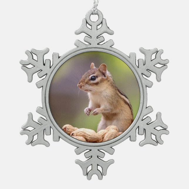 Chipmunk with peanuts snowflake pewter christmas ornament (Front)
