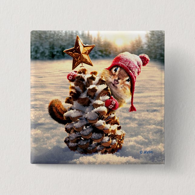 Chipmunk With Pine Cone Tree 15 Cm Square Badge (Front)