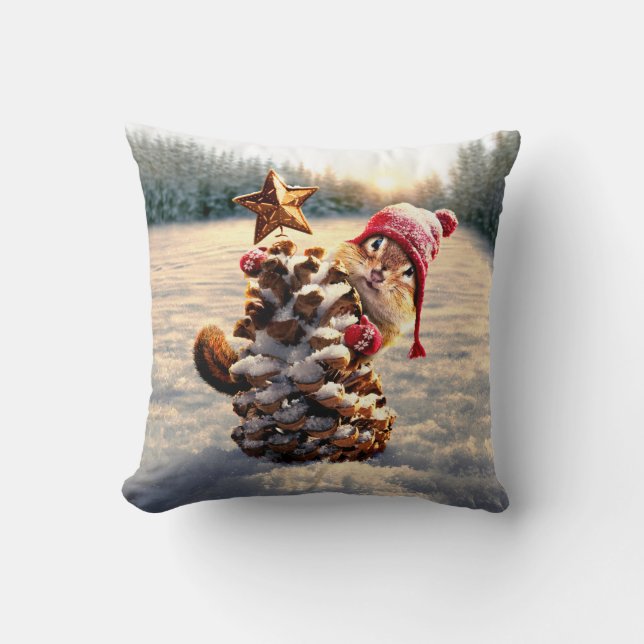 Chipmunk With Pine Cone Tree Cushion (Front)