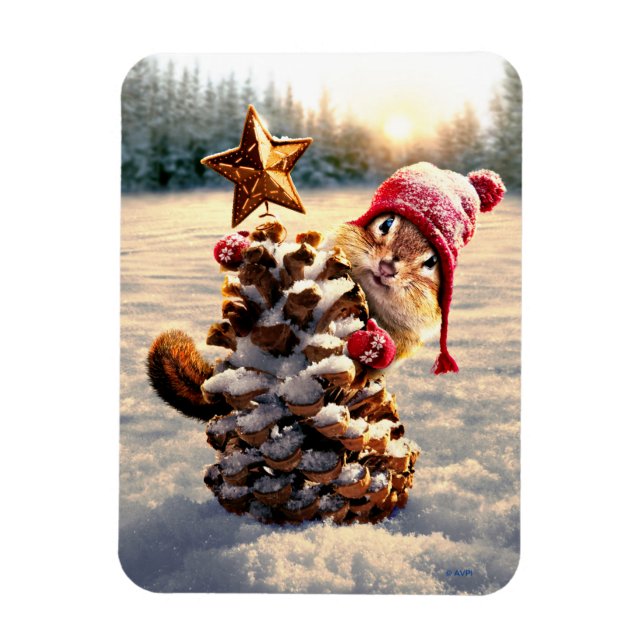 Chipmunk With Pine Cone Tree Magnet (Vertical)