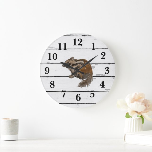 Chipmunk Woodland Animal Painting Shiplap Large Clock (Home)