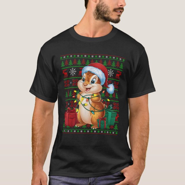 Chipmunk Xmas Lights Ugly Santa Hat Chipmunk Chris T-Shirt (Front)