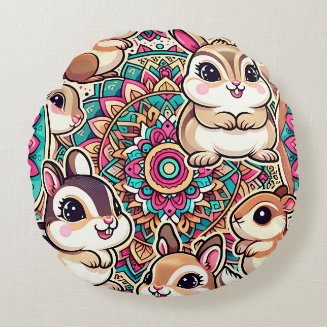 "Chipmunks & Cottontails" Round Cushion (Front)