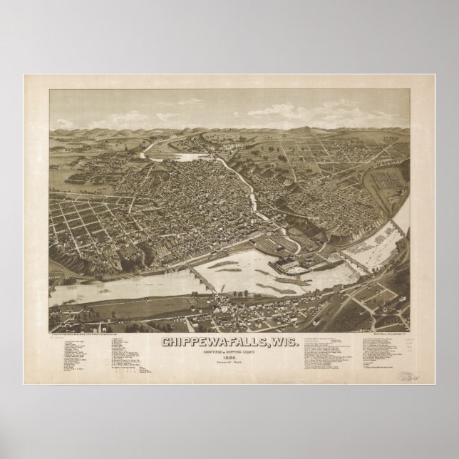 Chippewa Falls WI 1886 Antique Panoramic Map Poster (Front)