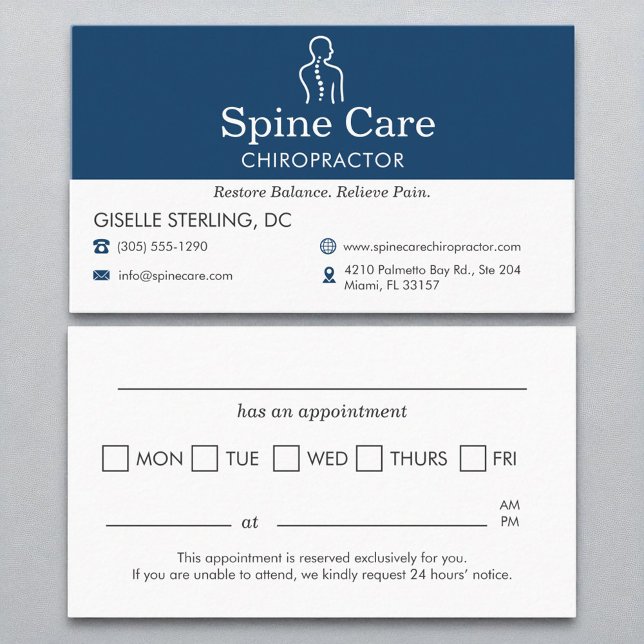 Chiropractor Office Appointment Reminder Navy Blue Business Card (Creator Uploaded)