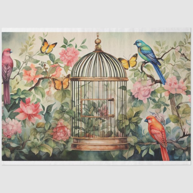 Chirping Melodies: Birdcage Decoupage Tissue Paper (Front)