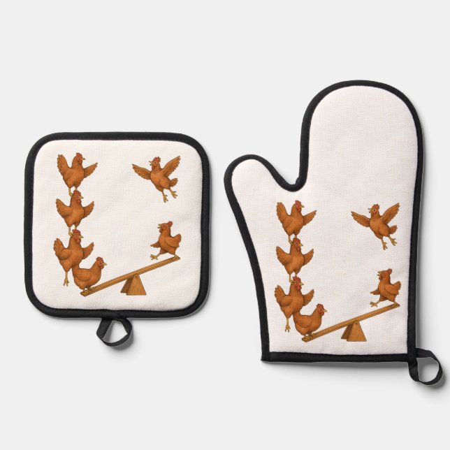 Chirpy Chickens acrobat squad Oven Mitt & Pot Holder Set (Front)
