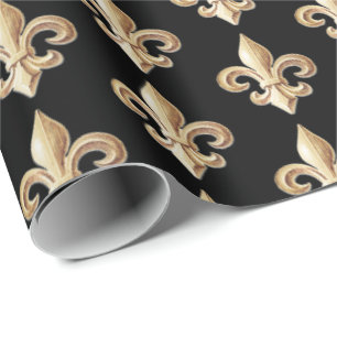 Chiseled Gold Gradient Heraldic Fleur de lis Black Wrapping Paper