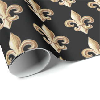 Chiseled Gold Gradient Heraldic Fleur de lis Black Wrapping Paper