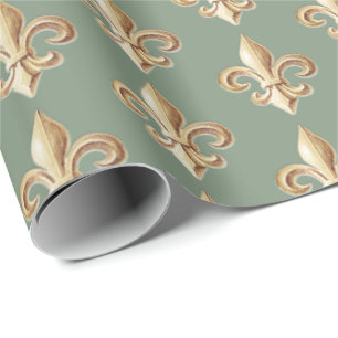 Chiseled Gold Gradient Heraldic Fleur de lis Sage  Wrapping Paper