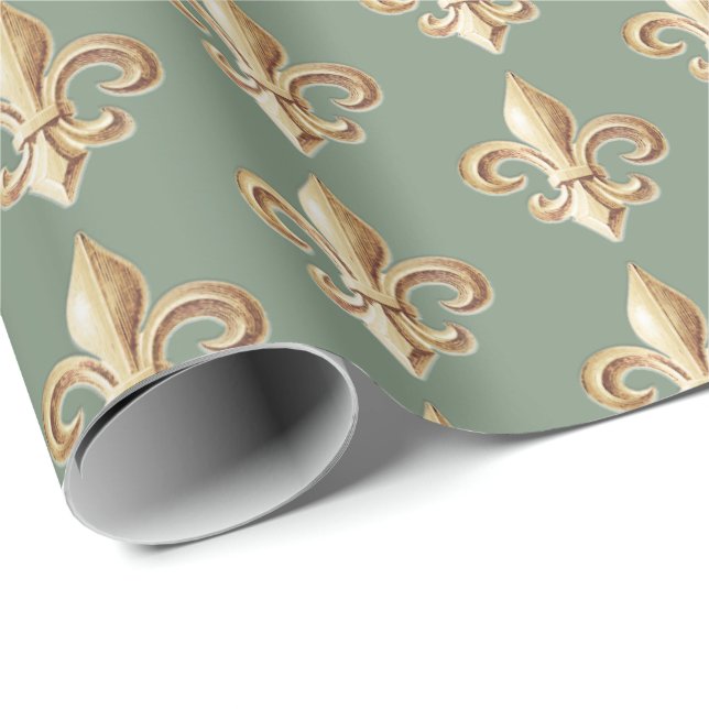 Chiseled Gold Gradient Heraldic Fleur de lis Sage  Wrapping Paper (Roll Corner)