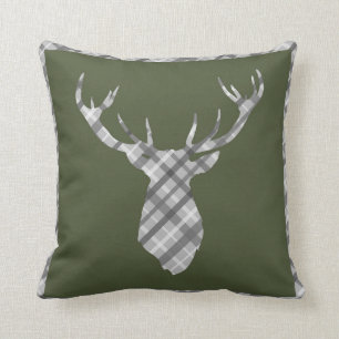 Chive Olive Green Grey Plaid Tartan Stags Head Cushion
