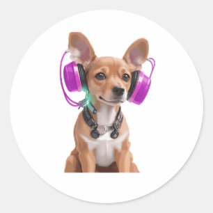 chiweenie dog listening to music   classic round sticker