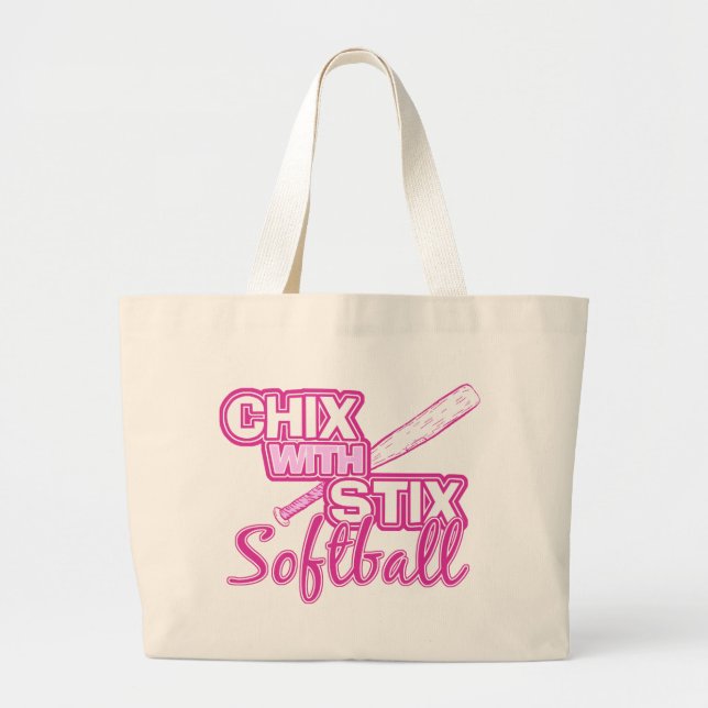 Chix With Stix Softball Large Tote Bag (Front)