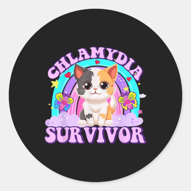 Chlamydia Survivor Cat Rainbow  Classic Round Sticker (Front)