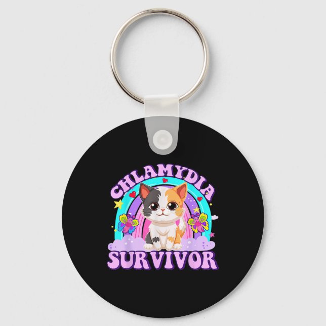 Chlamydia Survivor Cat Rainbow  Key Ring (Front)