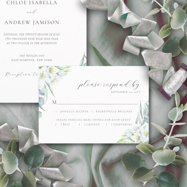 Chloe Elegant Boho Greenery Meal Choice Wedding RSVP Card (White watercolor flowers and eucalyptus greenery RSVP card)